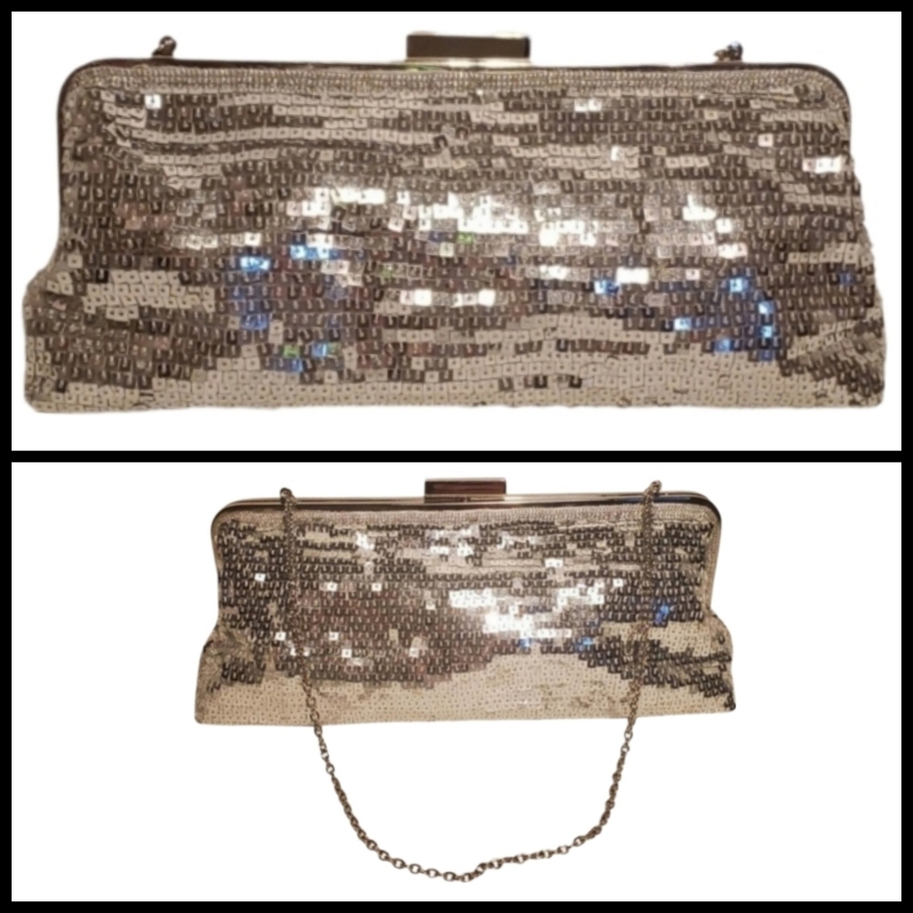 BCBGMaxAzria Silver Metallic Sequin Evening Bag